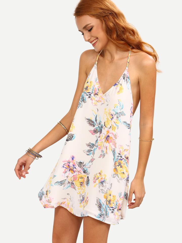 Shein Multicolor Flower Print Strappy Swing Cami Dress