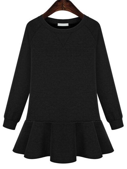 Shein Black Long Sleeve Peplum Hem Jersey Dress