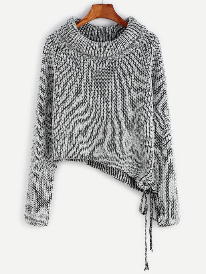 Shein Black And White Marled Raglan Sleeve Asymmetric Sweater