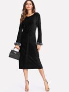 Shein Faux Fur Cuff Self Belt Ribbed Velvet Dress