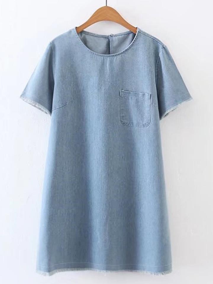 Shein Patch Pocket Front Keyhole Back Frayed Denim Dress