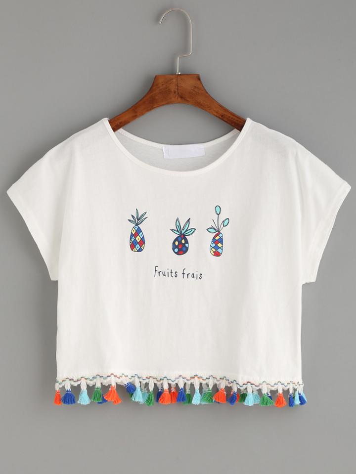 Shein White Letters Pineapple Print Fringe T-shirt