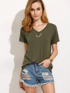 Shein Army Green V Neck Short Sleeve T-shirt