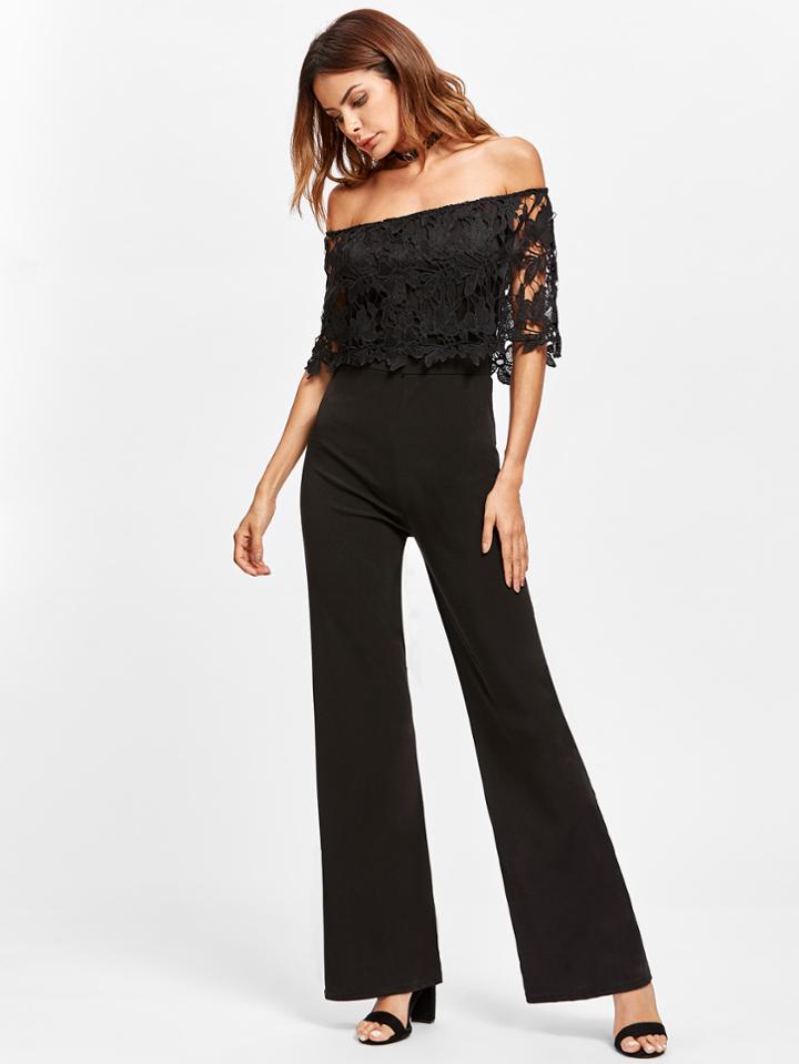 Shein Hollow Out Lace Layered Bardot Jumpsuit