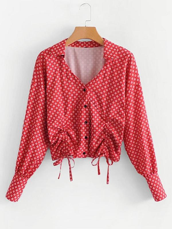 Shein Drawstring Detail Polka Dot Blouse
