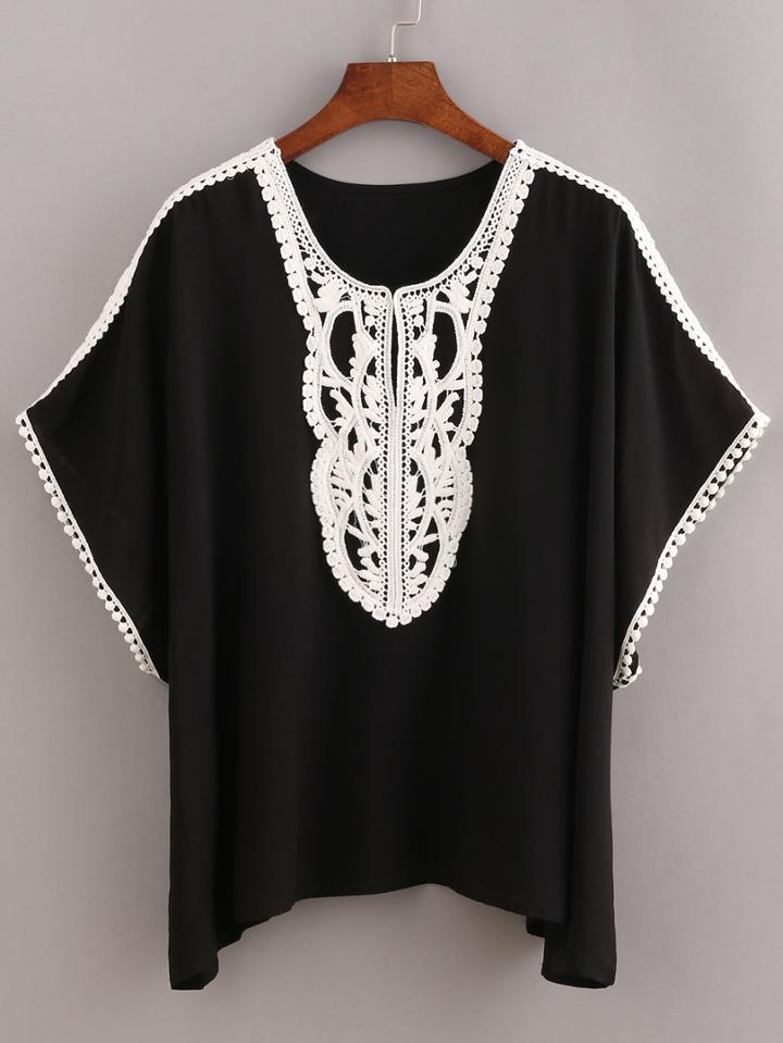 Shein Black Contrast Crochet Trimmed Top