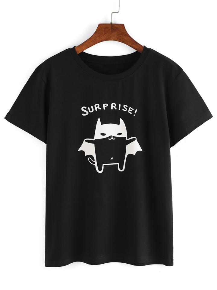 Shein Black Cartoon Print Short Sleeve T-shirt