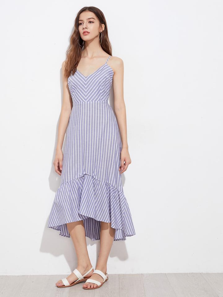 Shein Eyelet Lace Up Ruffle Hem Cami Dress