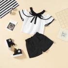 Shein Girls Tie Neck Ringer Blouse With Plain Shorts