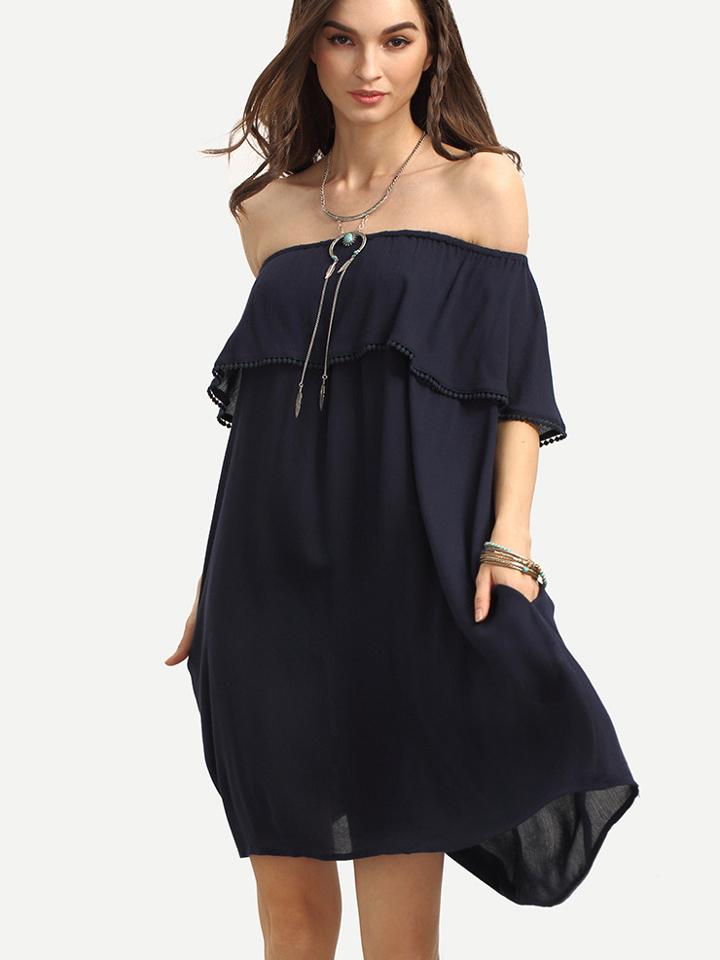 Shein Navy Off The Shoulder Ruffle Shift Dress