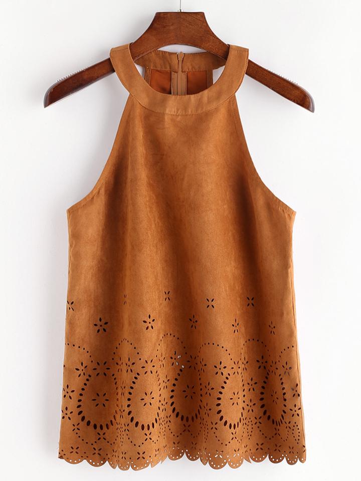 Shein Camel Laser Cut Out Halter Neck Suede Top