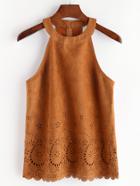 Shein Camel Laser Cut Out Halter Neck Suede Top