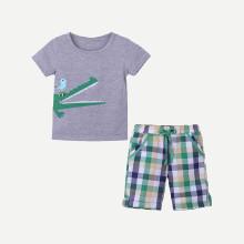 Shein Boys Crocodile Print Tee With Plaid Drawstring Shorts