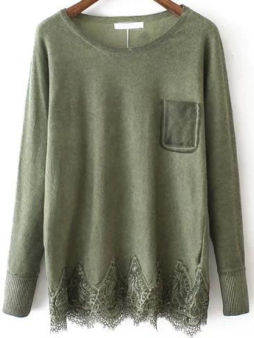 Shein Green Round Neck Lace Hem Loose Sweater