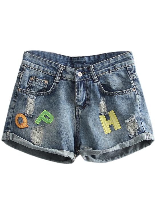 Shein Blue Roll Cuff Letter Patch Ripped Hole Denim Shorts