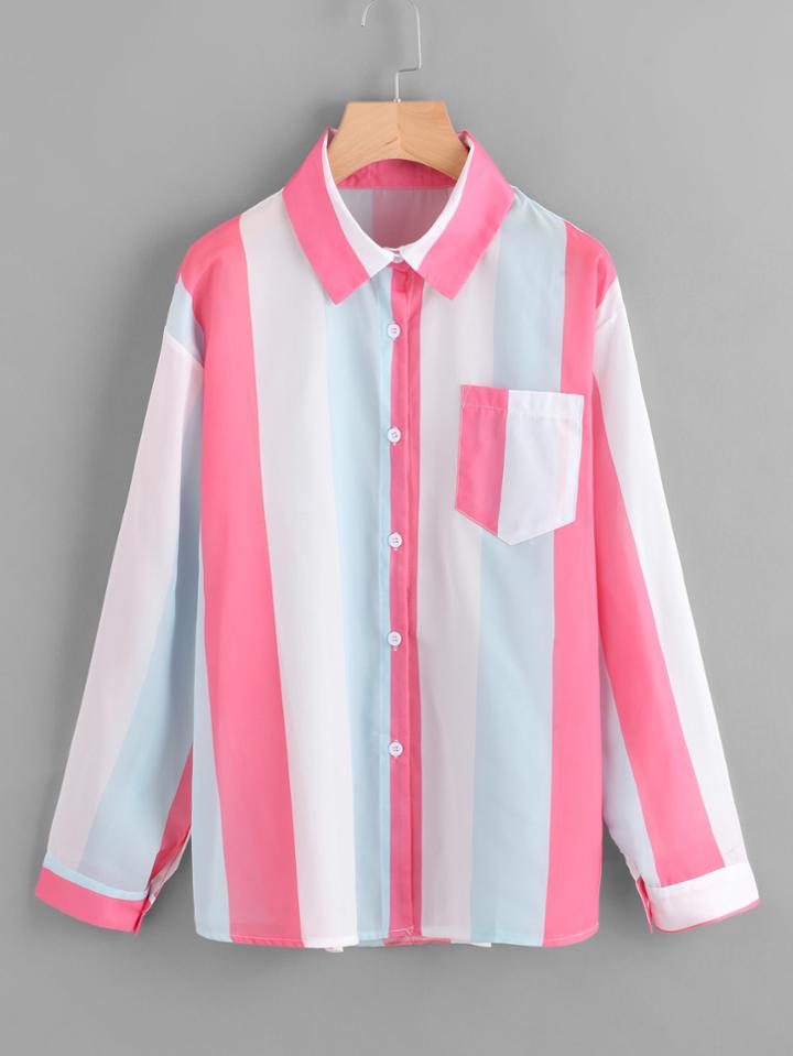 Shein Contrast Stripe Pocket Front Shirt
