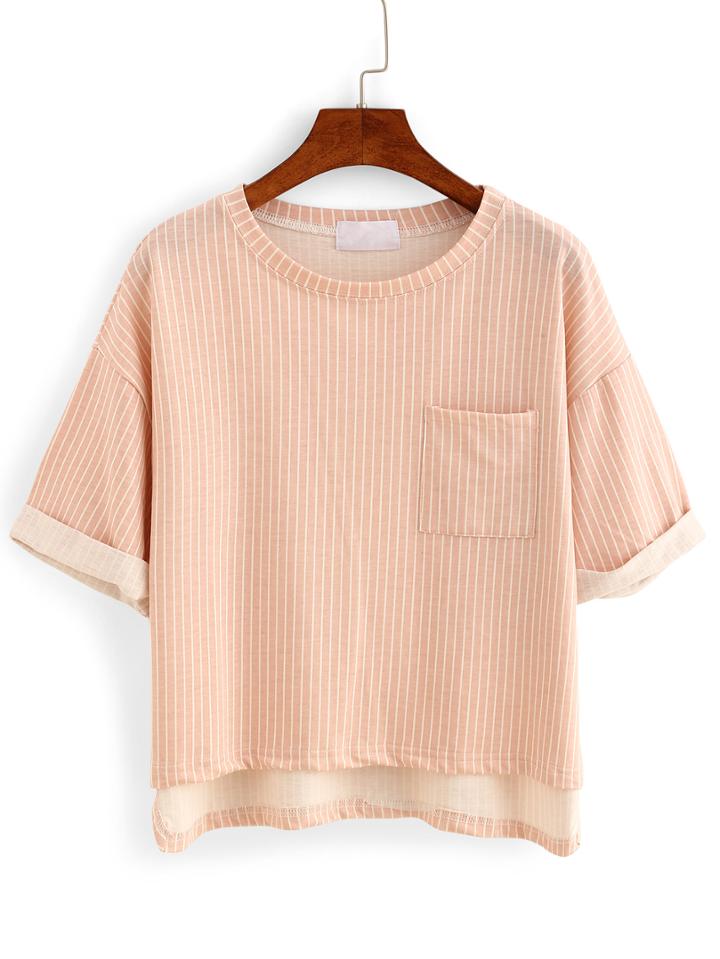 Shein Vertical Striped High-low Pocket T-shirt - Pink