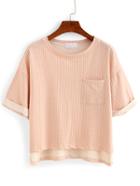 Shein Vertical Striped High-low Pocket T-shirt - Pink