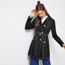 Shein Contrast Stitch Self Adjustable Belted Coat