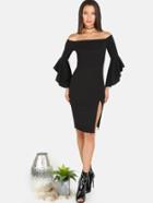 Shein Open Shoulder Slit Midi Dress Black