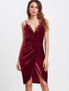 Shein Burgundy Lace Trim Surplice Front Velvet Cami Dress
