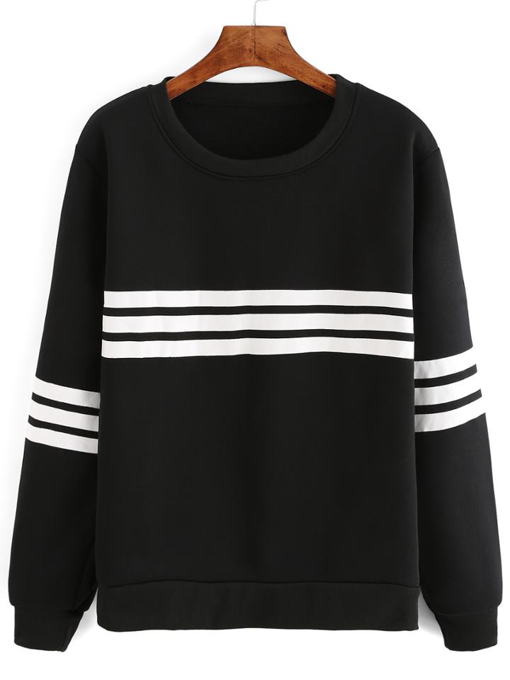 Shein Black Long Sleeve Varsity-striped Sweatshirt