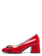 Shein Red Square Toe Big Metal Button Chunky Pumps
