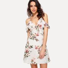 Shein Ruffle V Neck Floral Wrap Cami Dress