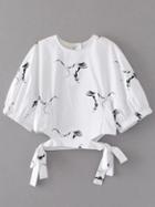 Shein Cranes Print Cut Out Tie Detail Blouse