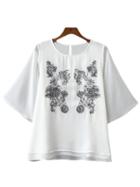 Shein White Bell Sleeve Keyhole Back Embroidery Blouse