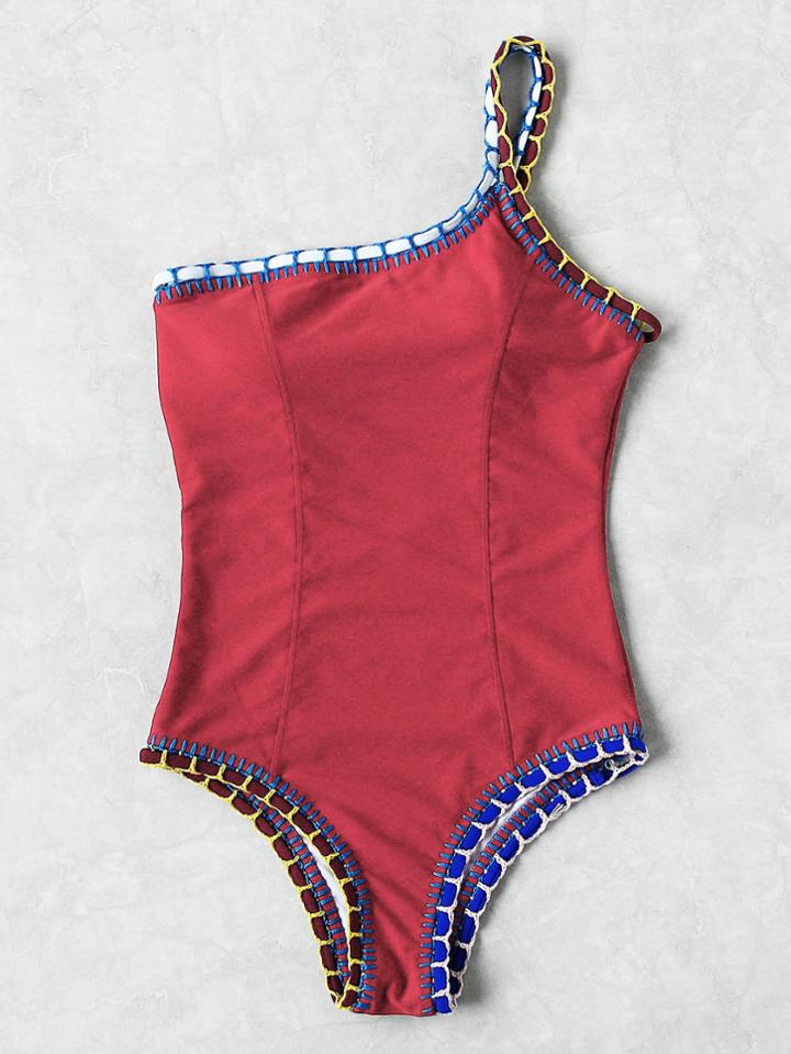 Shein Crochet Trim Princess Seam One Shoulder Swimsuit
