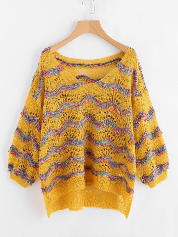 Shein Eyelet Wave Pattern Stepped Hem Jumper