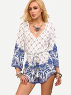 Shein Blue Paisley Print V Neck Drawstring Romper