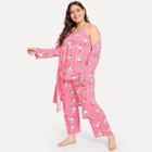 Shein Plus Rabbit Print Cami Pajama Set With Robe