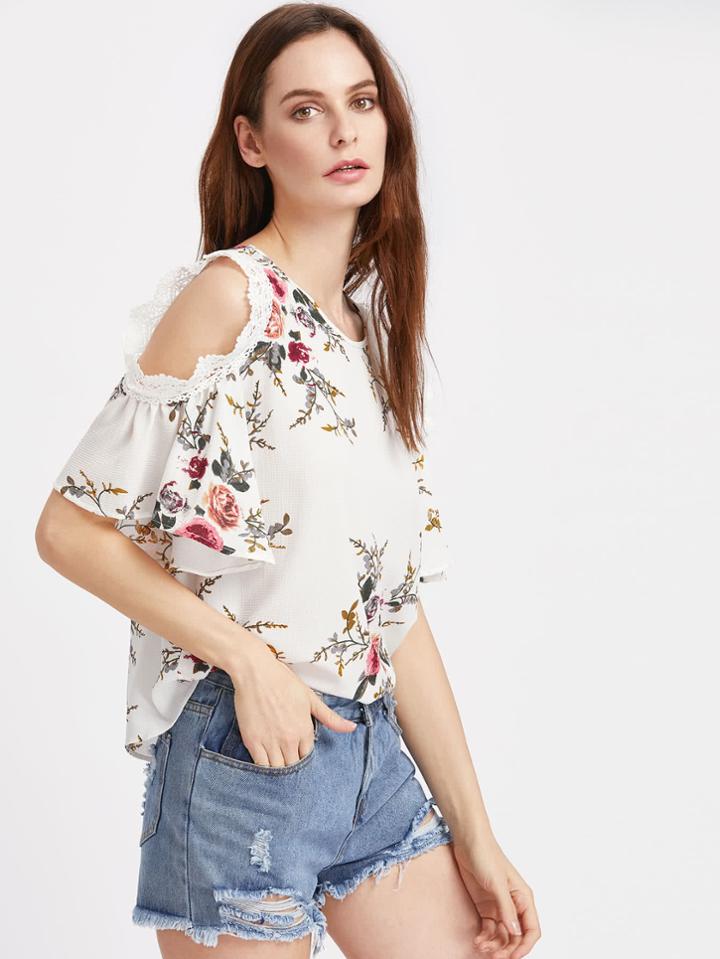 Shein Crochet Lace Trim Open Shoulder Florals Top