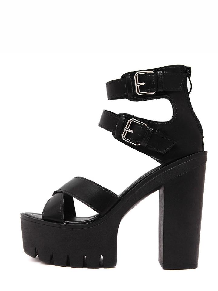 Shein Black Peep Toe Zipper Platform Chunky Pumps