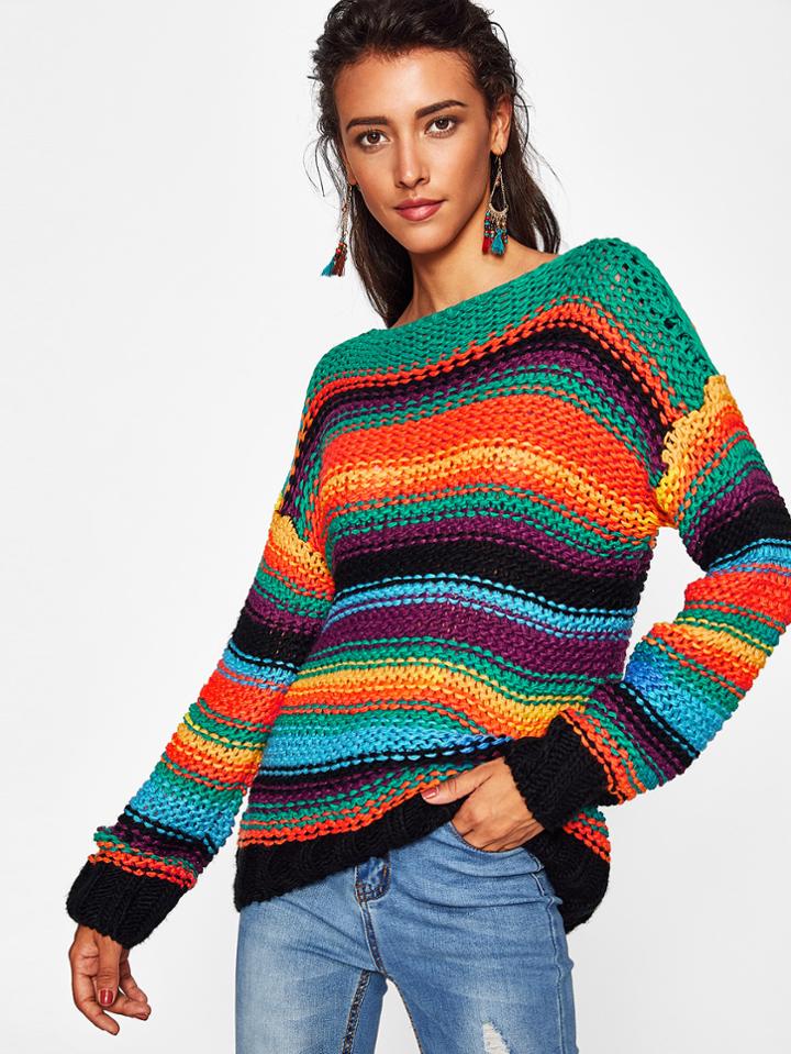 Shein Block Striped Boat Neck Chunky Sweater