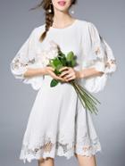 Shein White Puff Sleeve Hollow Embroidered A-line Dress