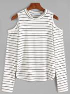Shein White Open Shoulder Striped Long Sleeve T-shirt