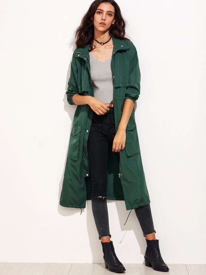 Shein Dark Green Drawstring Utility Coat With Hood