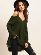 Shein Army Green Cold Shoulder Long Sleeve Knitted T-shirt