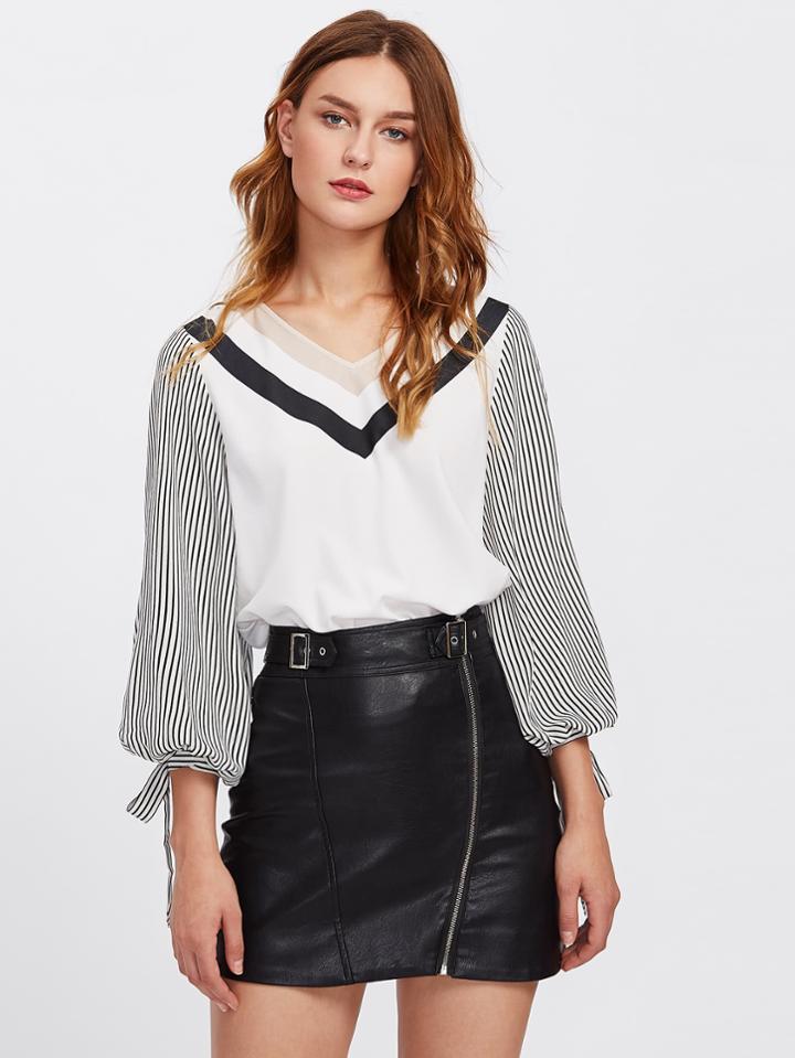 Shein Bow Tie Striped Sleeve Chevron Print Top