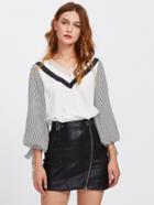 Shein Bow Tie Striped Sleeve Chevron Print Top