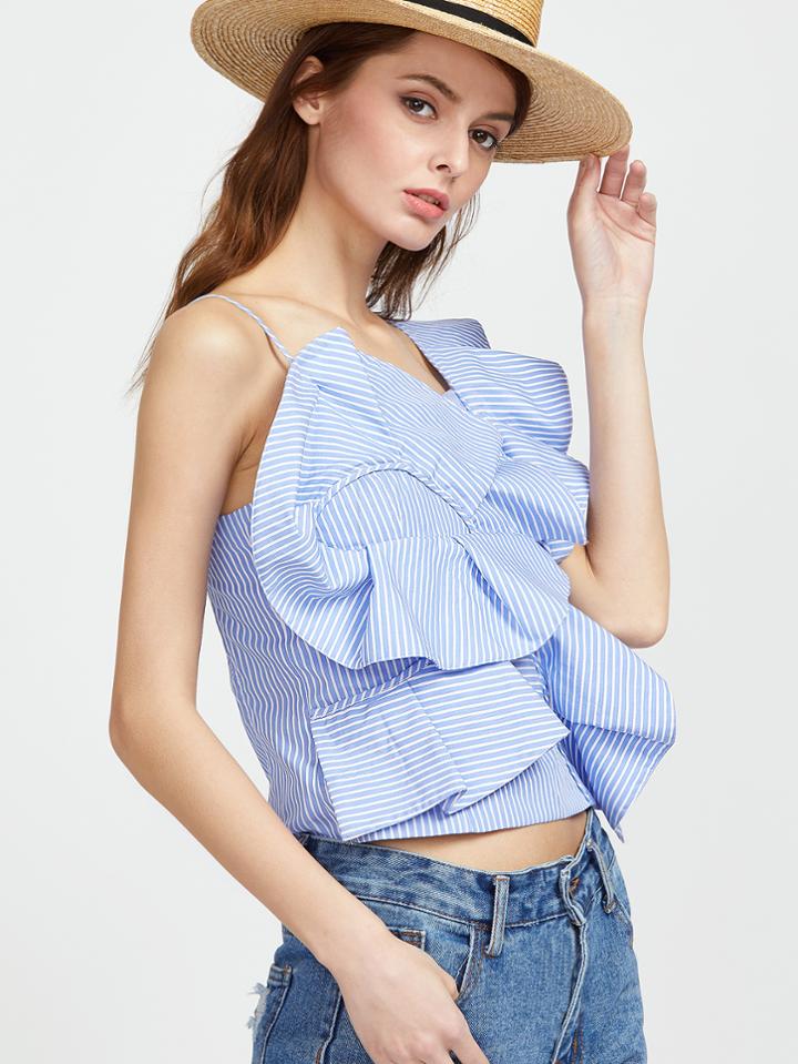 Shein Exaggerated Frill Asymmetric Shoulder Striped Top