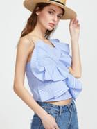 Shein Exaggerated Frill Asymmetric Shoulder Striped Top