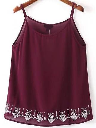 Shein Spaghetti Strap Embroidered Burgundy Cami Top
