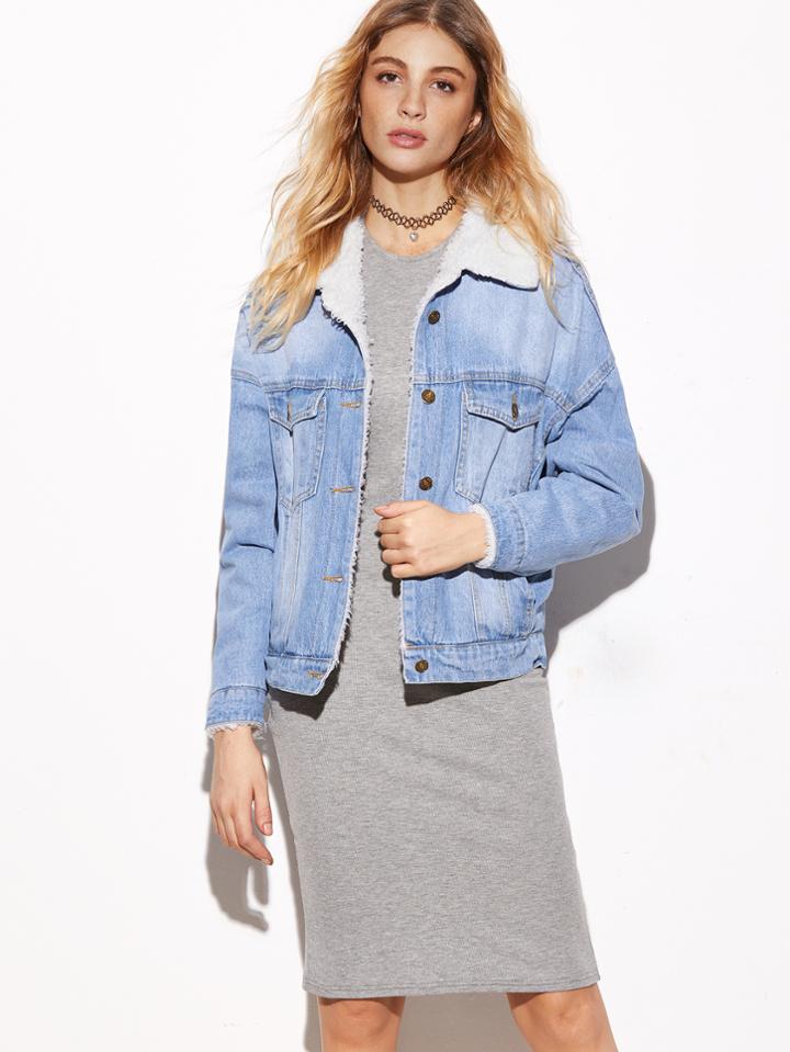 Shein Pale Blue Drop Shoulder Sherpa Lined Denim Jacket