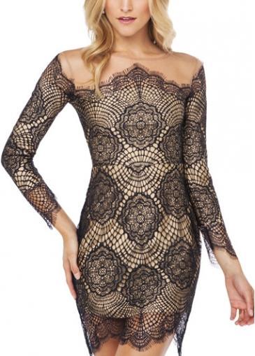 Rosewe Retro Print Design Long Sleeve Sheath Dress With Mesh