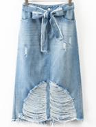 Shein Blue Ripped Denim Skirt With Bow Tie