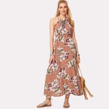 Shein Flower Print Cutout Back Halter Dress